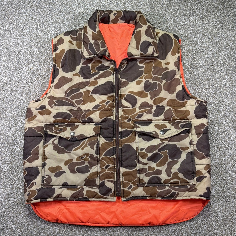 Vintage Duck Bay Camo Puffer Vest Size Medium 80s High Vis ZIPUP Reversible